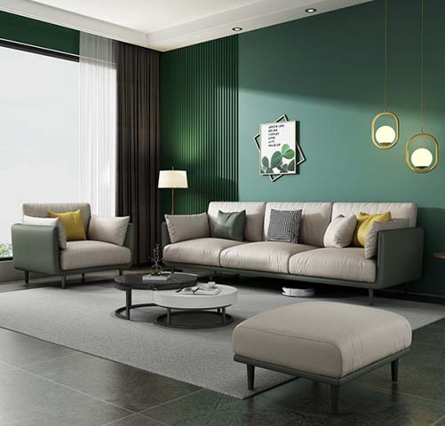 Two-Tone Beige and Dark Green Upholstered Living Room Sofa Set (3-Seater, Armchair, Ottoman)