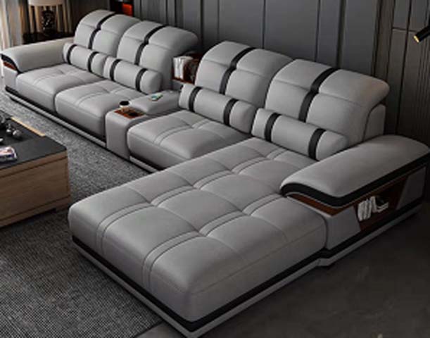 Modern Grey L-Shaped Sectional Sofa with Center Console, Right Chaise and Storage Pockets