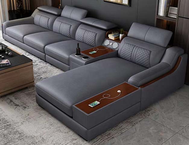 Right-Chaise L-Shaped Multifunctional Sectional Sofa with Integrated Media Consoles, USB Charging and Cup Holders