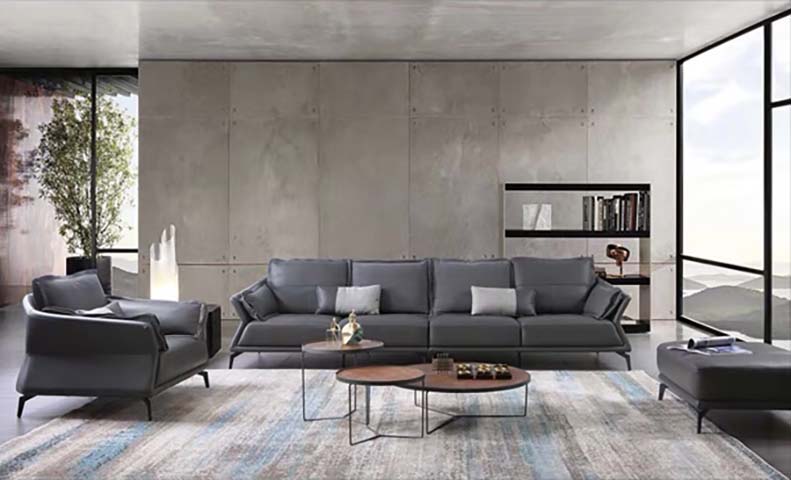 Modern Dark Gray 4-Seat Living Room Lounge Set with Armchair, Ottoman, Nesting Coffee Tables and Wall Shelf