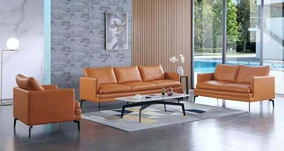 3-Piece Cognac Leather Square Arm Living Room Sofa Set with Black Metal Legs