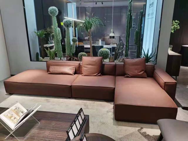 Cognac Brown Low-Profile Double Chaise Modular Sectional Sofa
