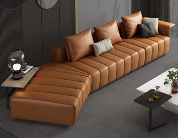 Tan L-Shaped Modular Sectional Sofa with Left Chaise and Integrated Side Table