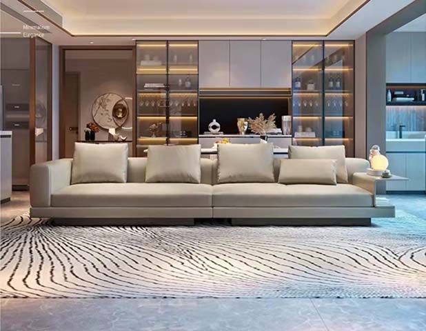 Modern Minimalist Off-White Four-Seater Straight Sofa with Low Recessed Plinth Base