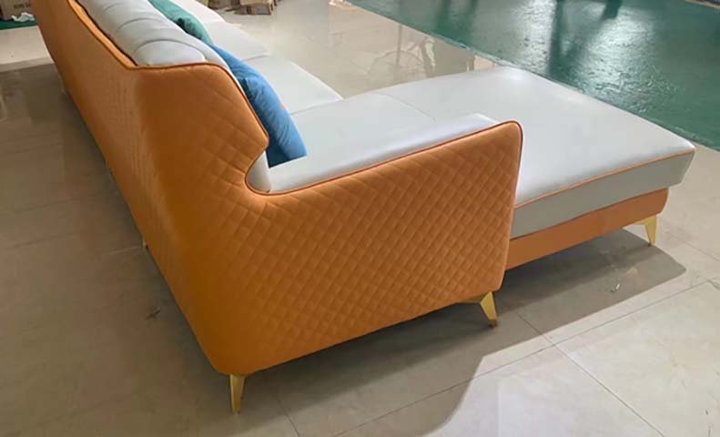 Two-Tone Right-Chaise L-Shaped Sectional Sofa with Diamond Quilting and Gold Legs