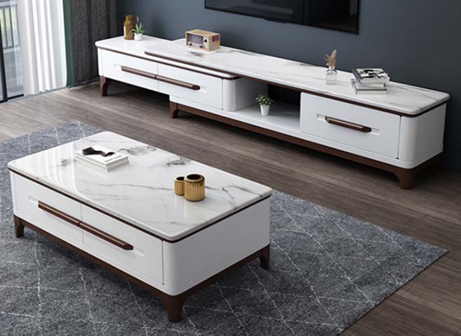Extendable White Gloss Marble-Veined Top TV Media Console with Walnut Accents