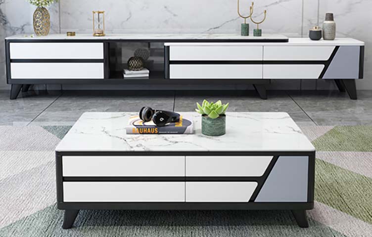 Modern Two-Piece Living Room Set: Rectangular Coffee Table and Matching TV Console with Stone-Veneer Tops, Soft-Close Drawers and Angled Accent Panel