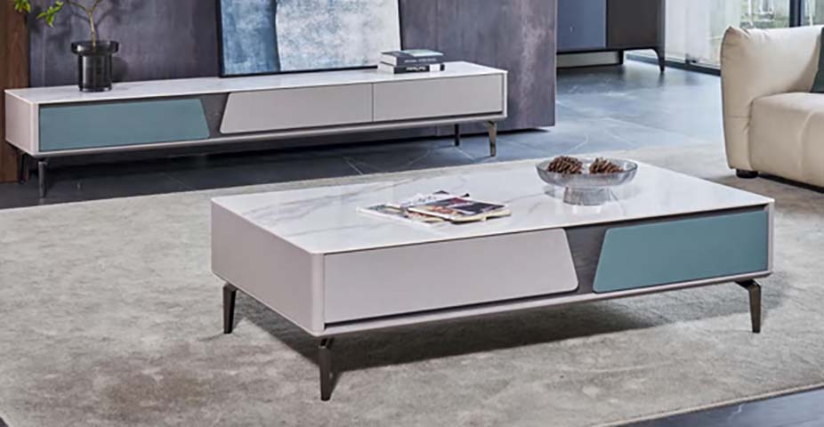 Modern Rectangular Sintered Stone Top Storage Coffee Table with Geometric Accent Drawers