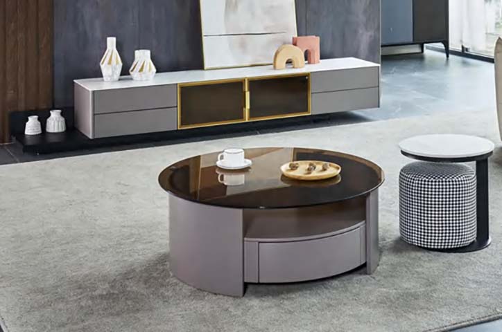Round Smoked Glass Coffee Table with Curved Matte Grey Storage Base