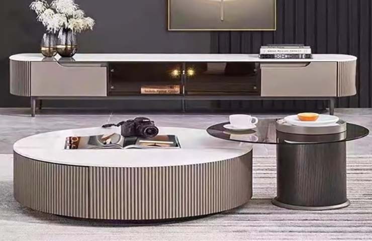 Light Luxury Ribbed Oval TV Media Console with Nesting Round Coffee Table Set