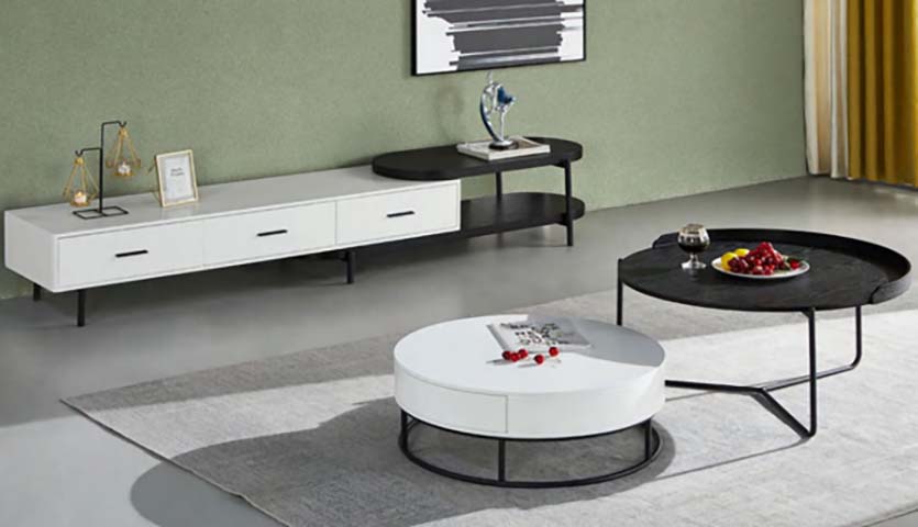Modern Two-Tone Asymmetric Extendable TV Media Console & Round Nesting Coffee Table Set