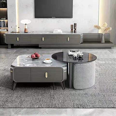 Modern Dark Gray Extendable TV Media Console with Nesting Coffee Table Set