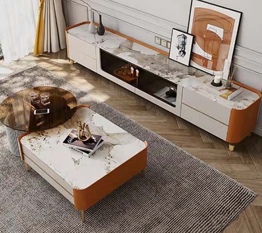 Italian Light Luxury Marble Top TV Media Console with Orange Leather Trim and Gold Feet