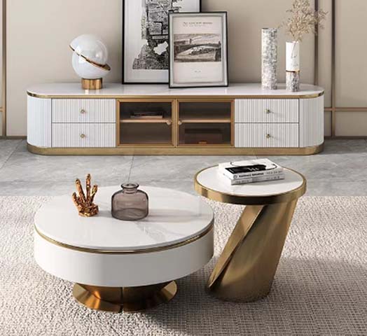 Modern Light Luxury White & Gold Living Room Set: Curved Fluted TV Media Console + Round Nesting Coffee Table Set