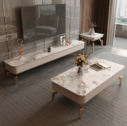 3-Piece Luxury Living Room Table Set with Marble-Pattern Top