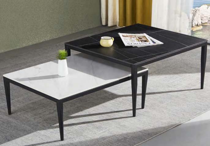 2-Piece Square Nesting Coffee Table Set with Stone-Look Tops and Black Metal Legs