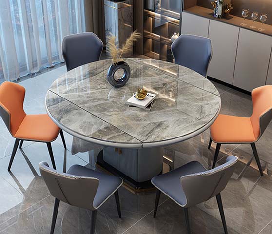 Modern Light Luxury Extendable Round Pedestal Dining Table, Glass-Protected Grey Marble-Effect Top, 6-Seater