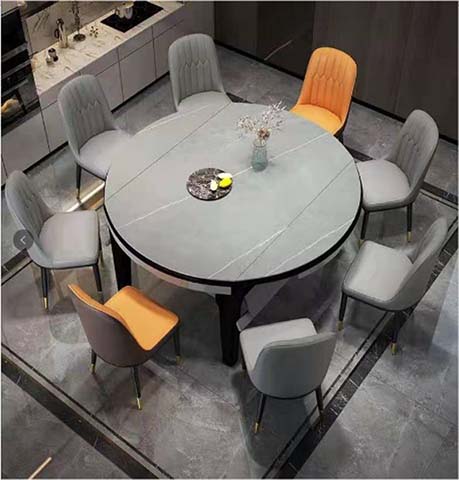 Modern Round Extendable Sintered Stone Dining Set with 8 Upholstered Dining Chairs