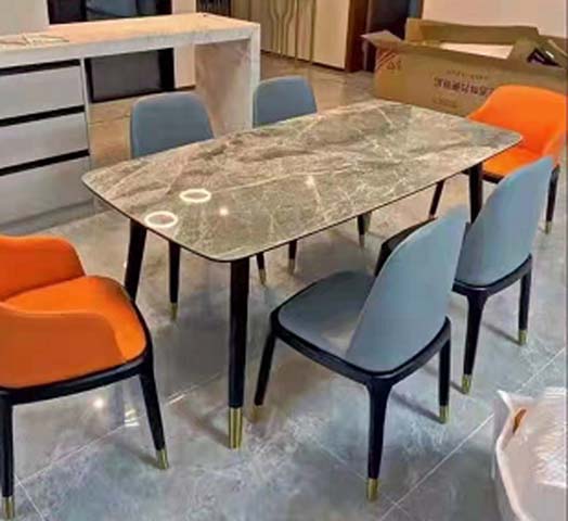 Modern Light Luxury Rectangular Glossy Grey Veined Stone Top 6-Seater Dining Table with Black Tapered Legs and Brass Ferrules