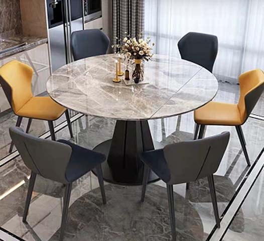 Grey Veined Glossy Sintered Stone Round Extendable Pedestal Dining Table