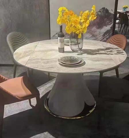 Contemporary Round Light Stone-Top Pedestal Dining Table