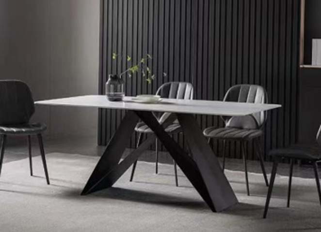 Modern Rectangular White Sintered Stone Dining Table with Black Angular X-Shaped Base