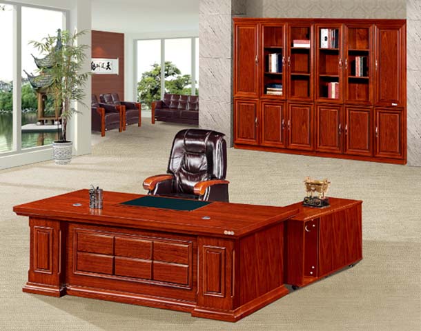 L-Shaped Traditional Red Wood Veneer Executive Desk with Lockable Side Return Pedestal