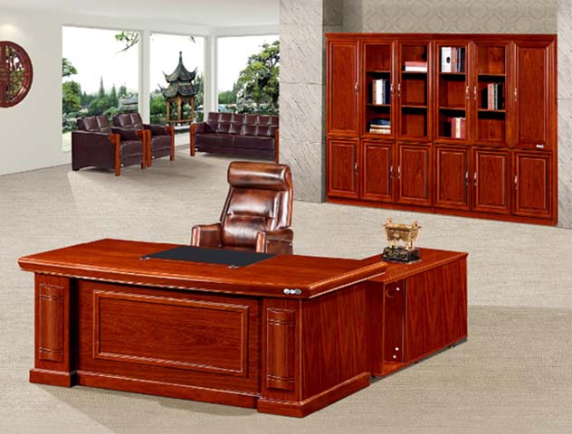 Classical Red-Brown L-Shaped Executive Office Desk with Side Return
