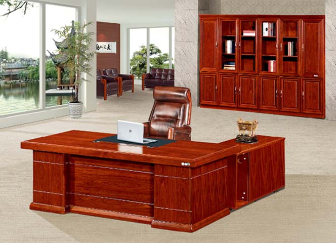 Glossy Reddish Brown L-shaped Executive Pedestal Office Desk