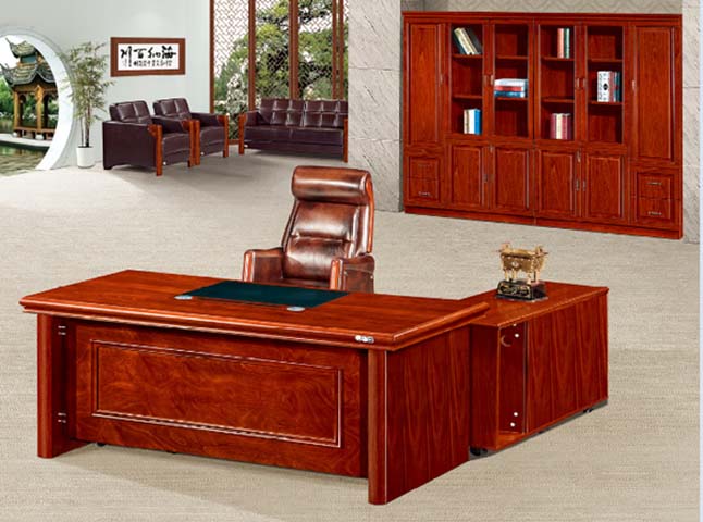 Red-Brown L-Shaped Solid Wood Executive Office Desk with Inset Writing Pad and Side Return Cabinet