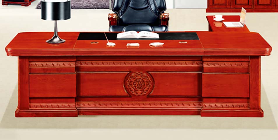 Traditional Carved Red Mahogany L-Shaped Executive Desk with Leather Writing Pad