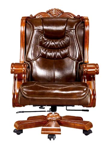 Traditional Carved Wood High-Back Brown Leather Executive Office Chair