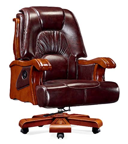 High-Back Brown Leather Executive Swivel Office Chair with Solid Wood Frame
