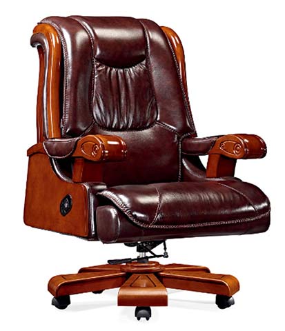 High Back Brown Leather Executive Office Chair with Solid Wood Trim