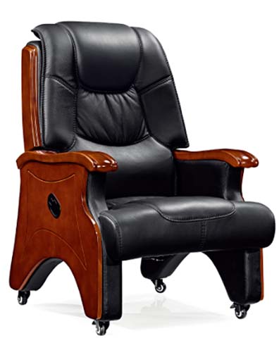 Black Faux Leather Executive Office Chair with Solid Wood Armrests and Casters