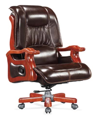 High-Back Brown Leather Executive Office Chair with Mahogany Solid Wood Base