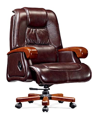 Dark Brown Leather High-Back Swivel Executive Office Chair with Mahogany Wood Arms