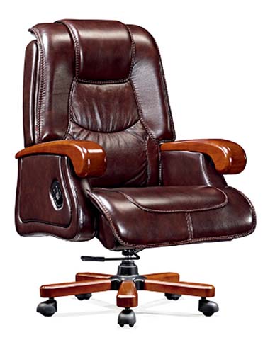 Brown Leather High-Back Reclining Executive Office Chair with Wooden Armrests and 5-Star Wooden Base