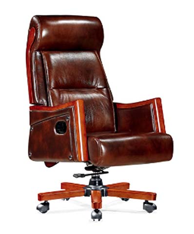 Traditional High-Back Brown Leather Executive Office Chair with Solid Wood Trim