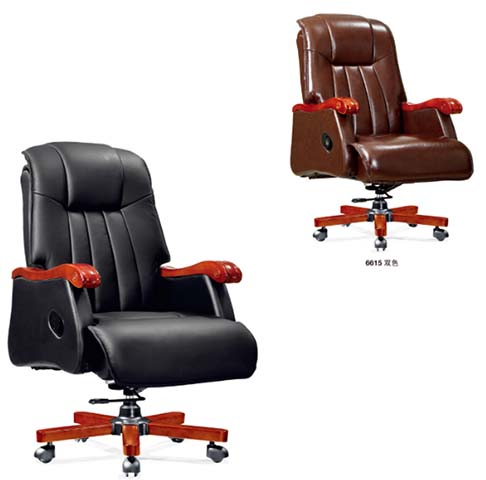 High-Back Two-Tone Leather Executive Office Chair with Carved Wood Armrests