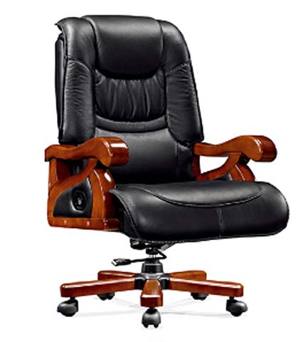 High-Back Black Leather Executive Office Chair with Solid Wood Armrests and 5-Point Wooden Caster Base