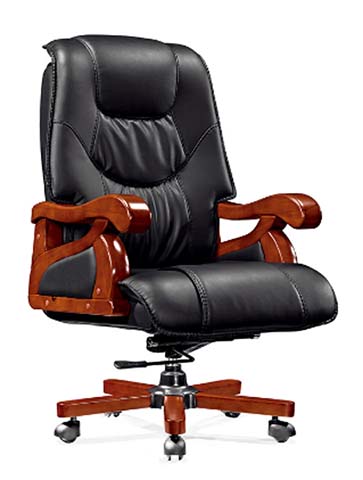 Black Leather High-Back Executive Swivel Office Chair with Solid Wood Armrests and 5-Star Wood Base
