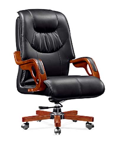 High-Back Black Upholstered Swivel Executive Office Chair with Wood Trim