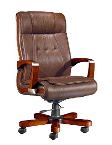 Traditional High-Back Brown Leather Executive Office Chair with Wood Trim