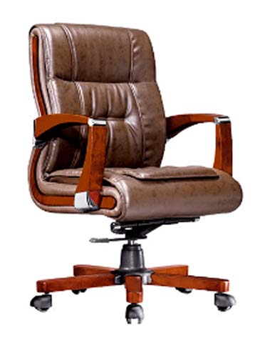 Brown Leather Upholstered Executive Office Chair with Solid Wood Armrests and Five-Star Caster Base