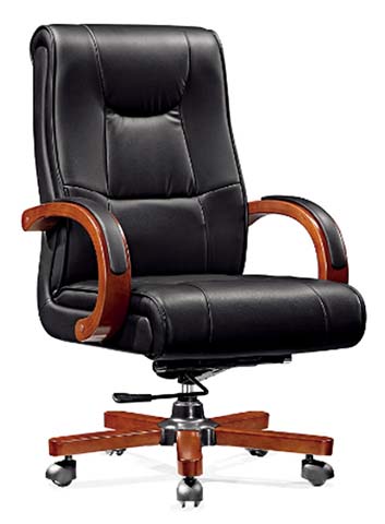High-Back Black Leather Executive Office Chair with Solid Wood Arms and Five-Star Base
