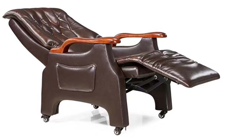 Dark Brown Tufted Leather Executive Reclining Office Chair with Solid Wood Armrests and Casters