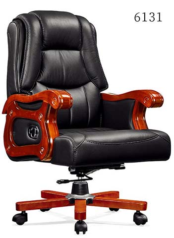 High-Back Black Leather Executive Office Chair with Solid Wood Armrests and 5-Star Base
