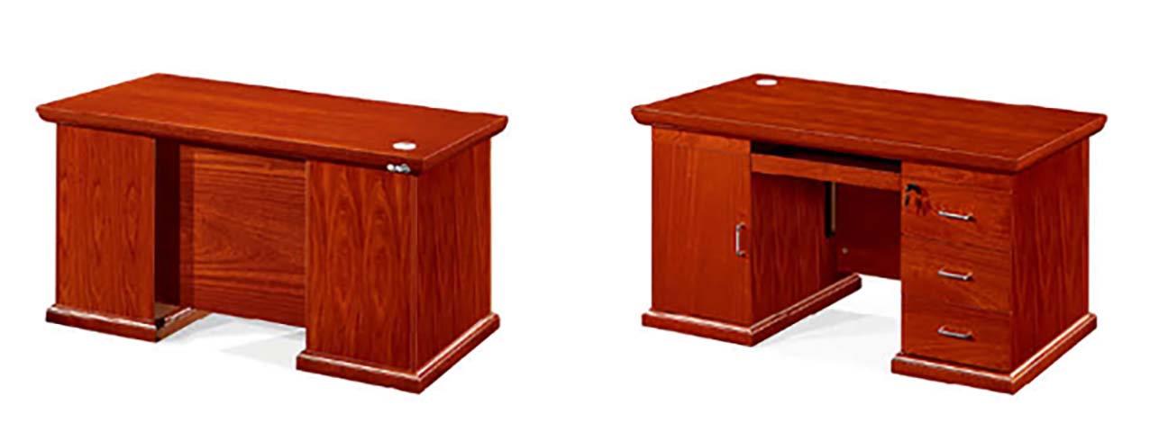 Reddish Brown Wood Veneer Double-Pedestal Executive Office Desk with Keyboard Tray