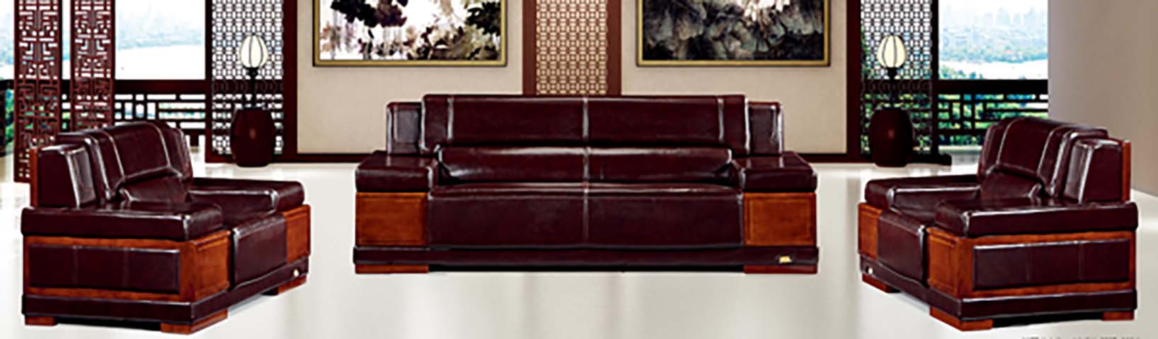 3-Piece Executive Office Reception Sofa Set (1+1+3 Configuration, Dark Brown Leather with Solid Wood Accents)